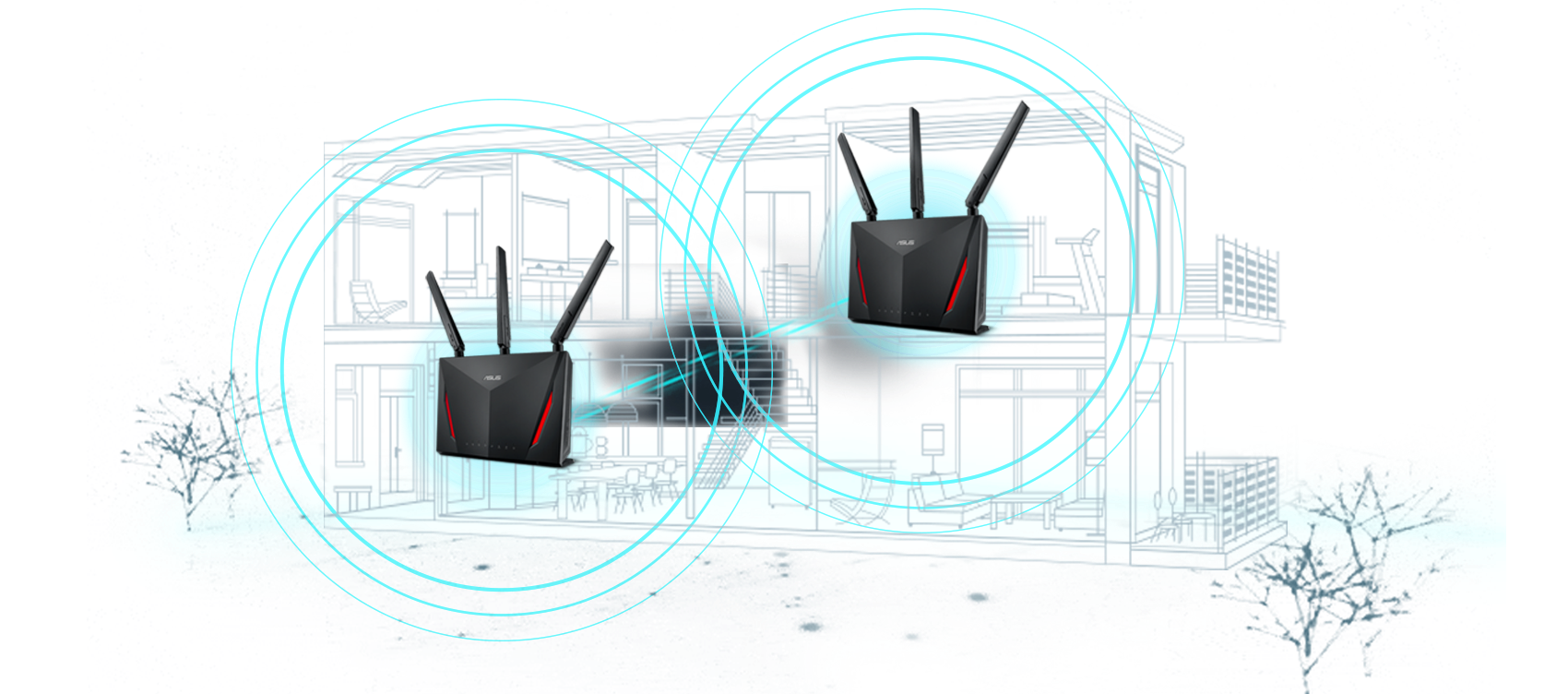 AiMesh AC2900 WiFi System provides whole home coverage by connecting two routers together to form a mesh WiFi System.